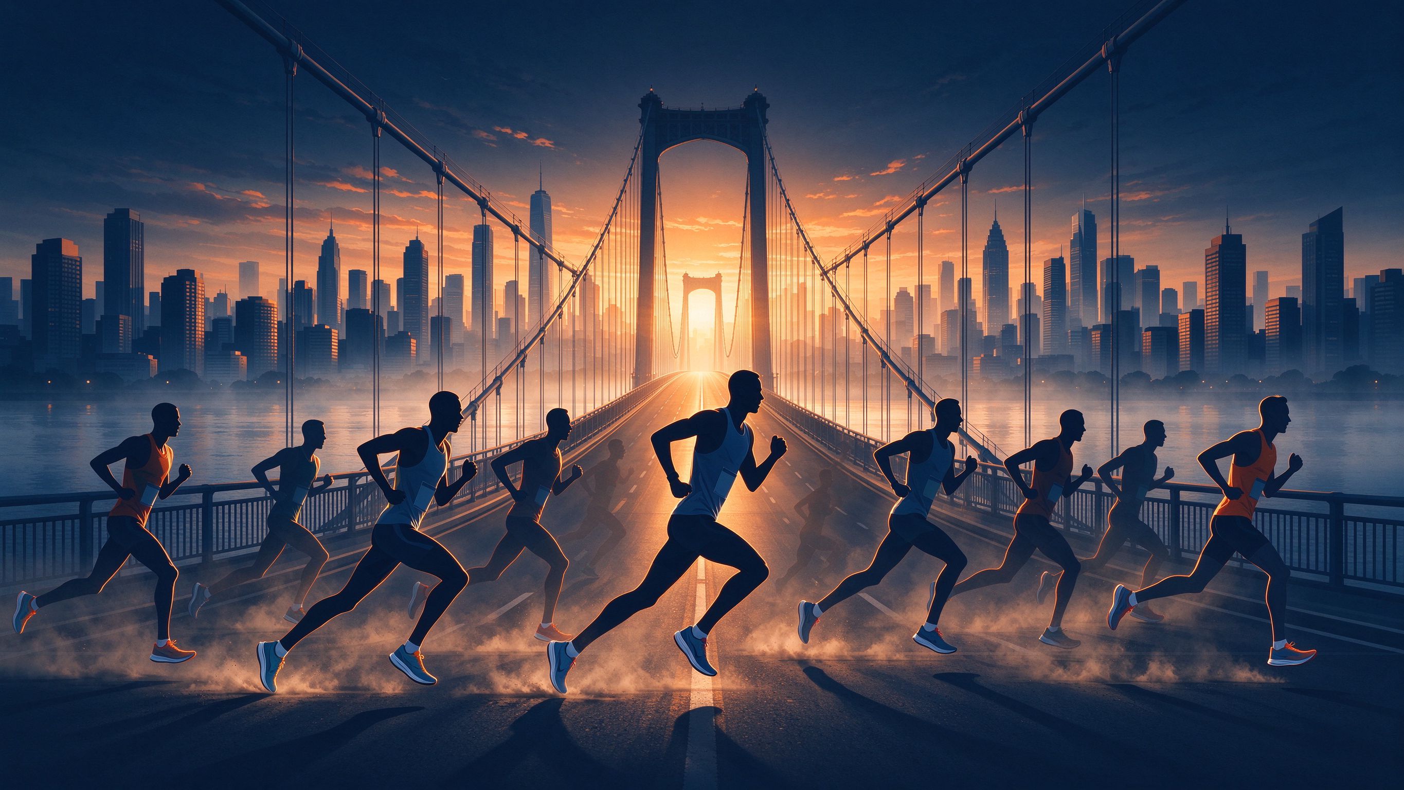 Marathon runners crossing a city bridge at dawn